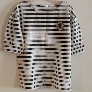 Striped Tshirt Black White with Sequin Brooch M -L